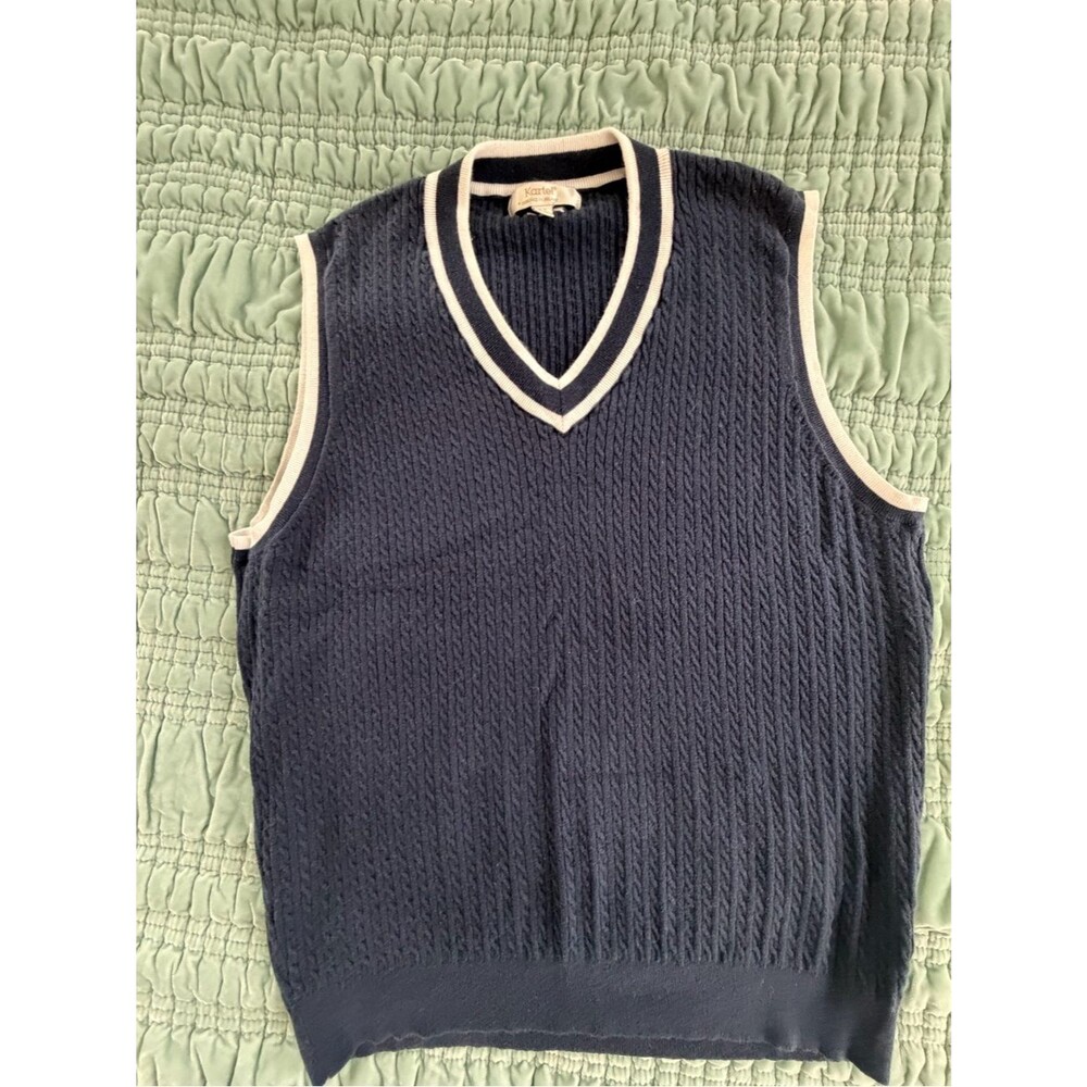 Kartell Navy Cable-Knit V-Neck Sweater Vest with White Trim-XL